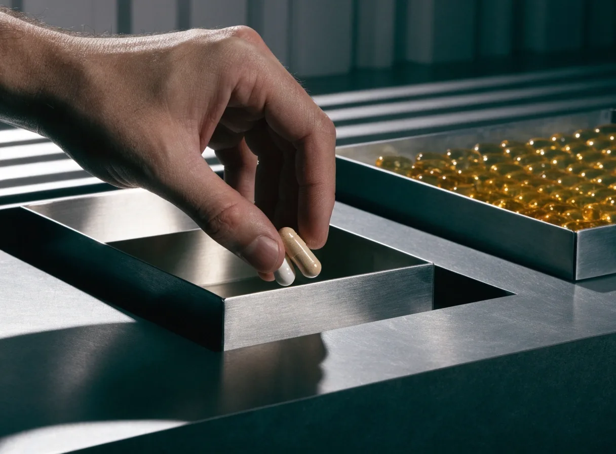 Two metal compartment trays holding softgels and capsules under hard slat light on a dark counter