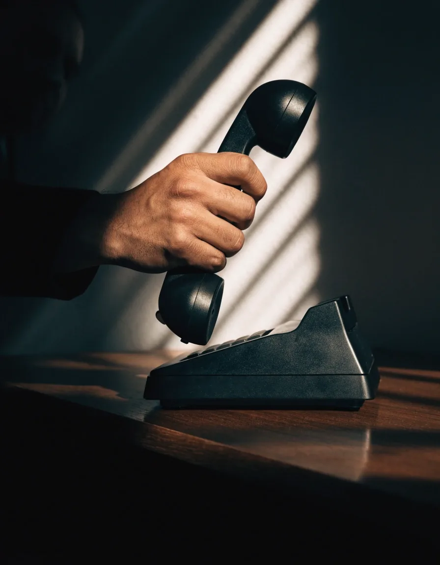 A hand lifting a matte black telephone receiver against a dark slat-lit wall
