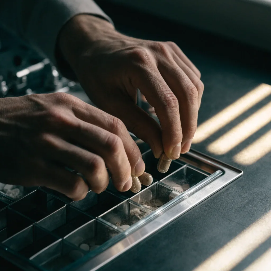 Hands laying capsules into a compartmented stainless dispensing tray under hard slat light