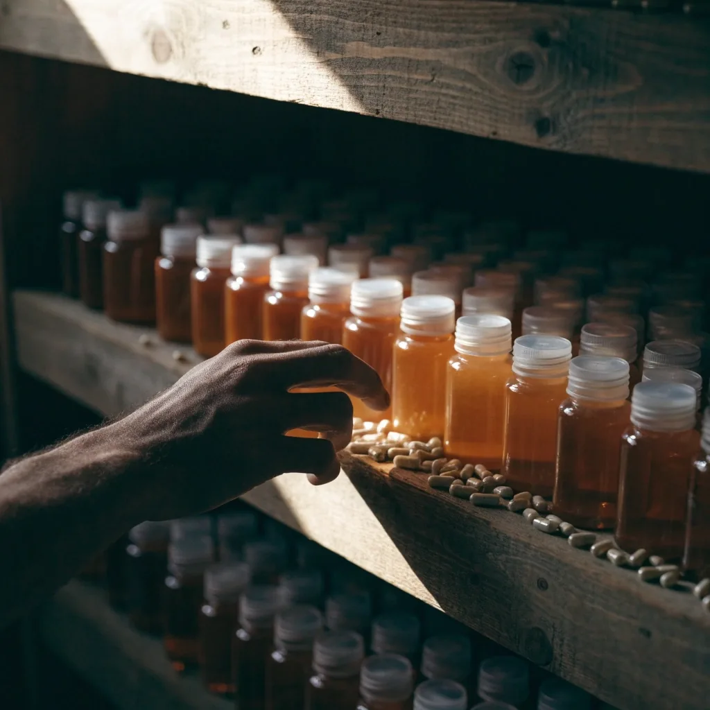 Unlabelled amber supplement bottles and capsules on a shelf under one hard band of morning light