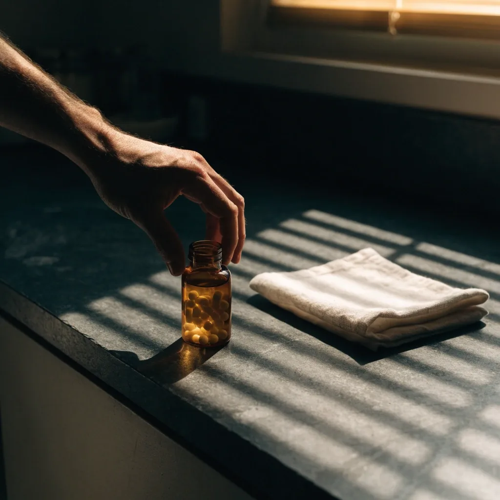 A small unlabelled amber bottle standing in a single hard light band on a stainless counter
