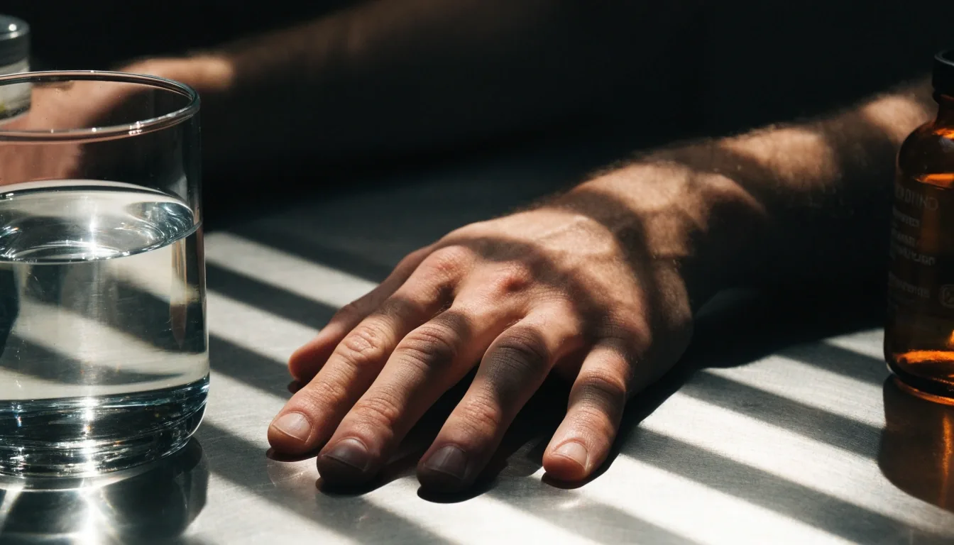 A hand resting on a stainless counter beside a glass of water in early morning slat light