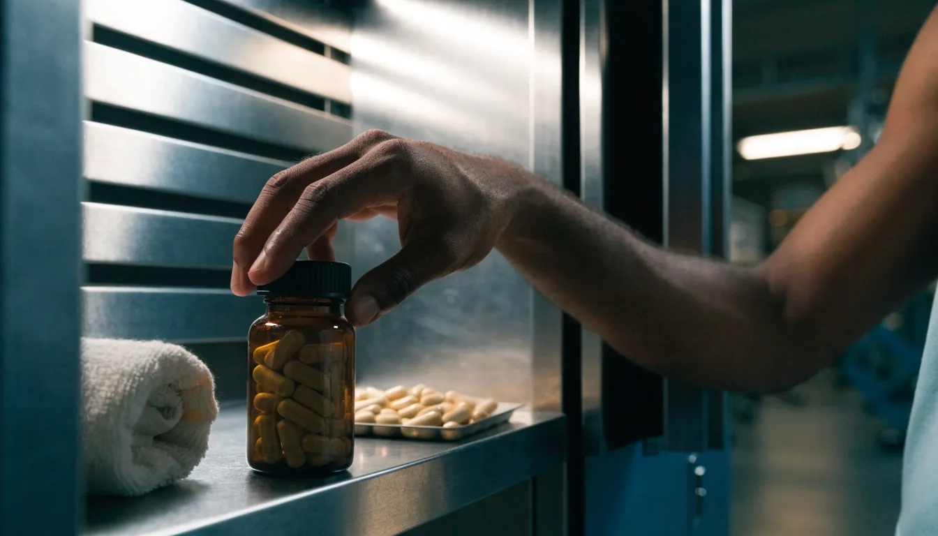 Compartmented tray of matte capsules and amber bottles on a stainless counter under hard slatted morning light