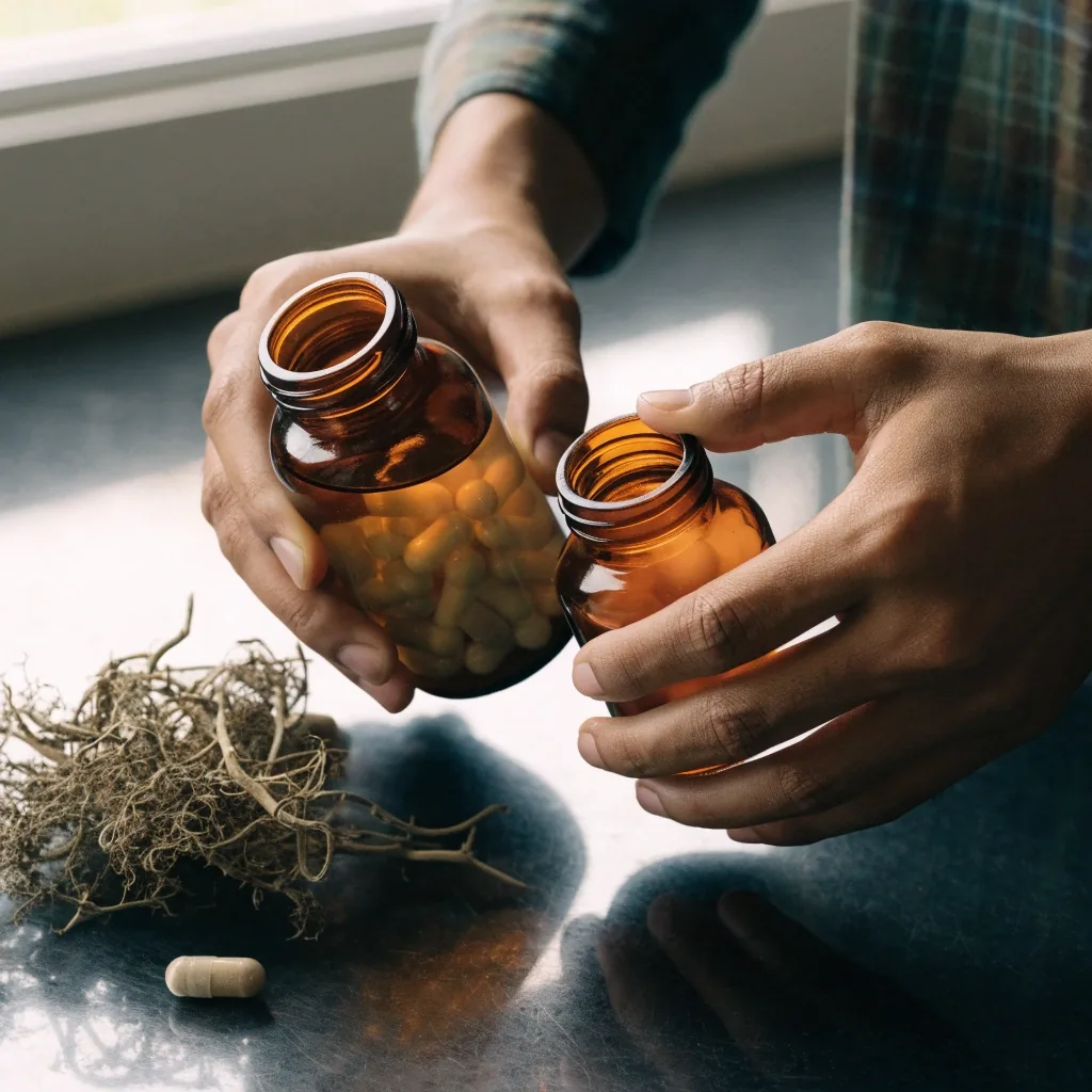 Hands comparing an unmarked supplement bottle against a printed ingredient list on a dark counter
