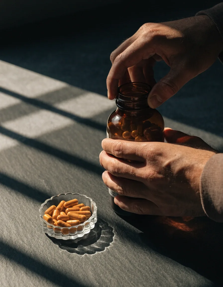 Shelf of unlabelled amber bottles and an open jar of capsules with one hard light band across the top