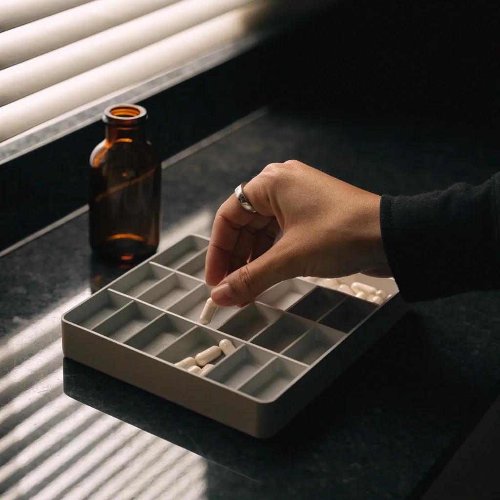 Weekly organiser and matte capsules on a dark kitchen countertop under hard morning slat light