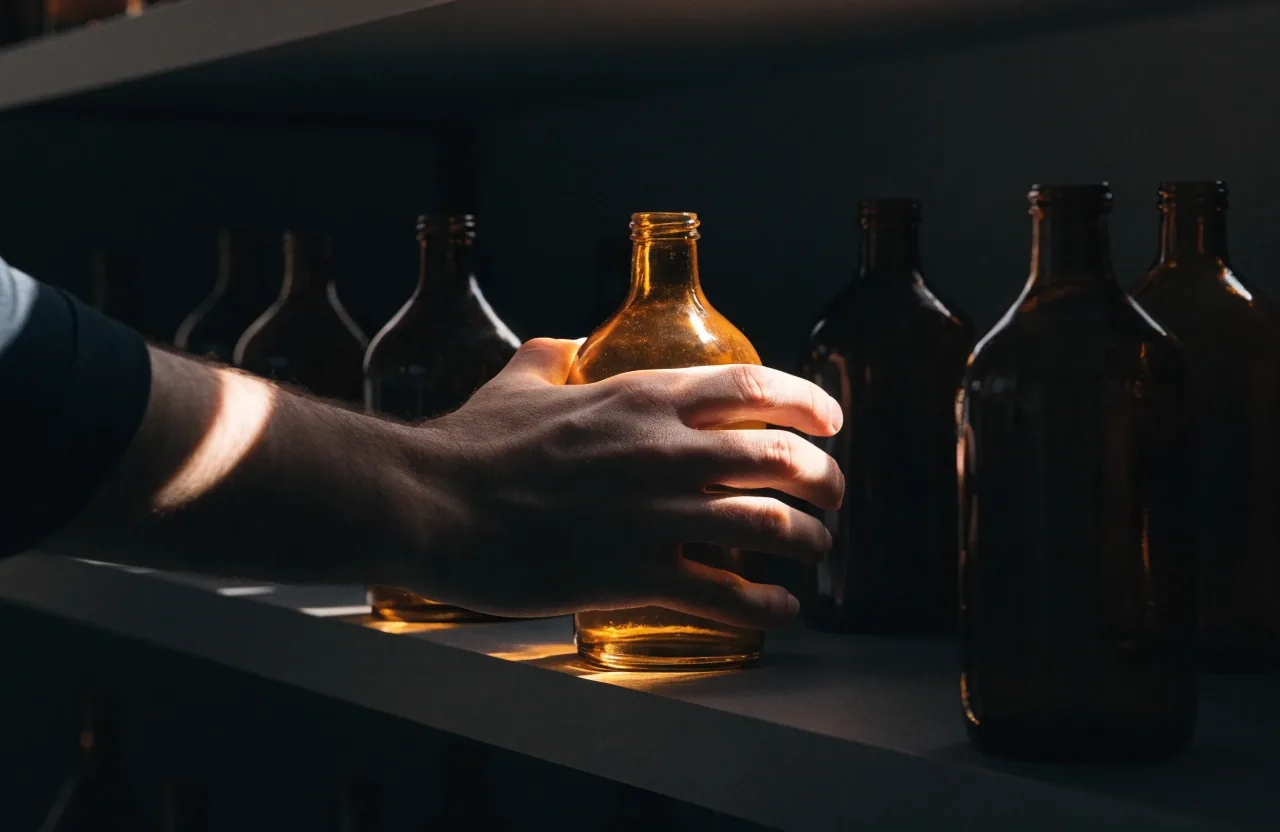 A dark shelf of unlabelled amber glass bottles lit on one side by a hard band of light