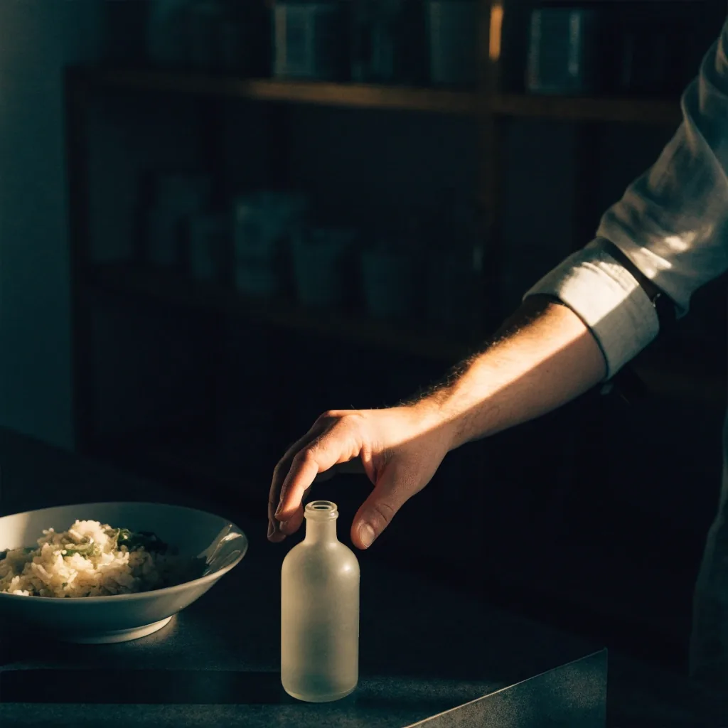 A man at a dark kitchen counter in early morning light with an unmarked bottle in front of him