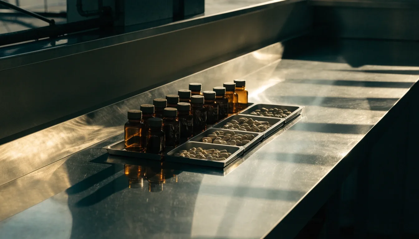 A compartmented dispensing tray holding amber supplement bottles and capsules under hard raking band-light on a stainless counter