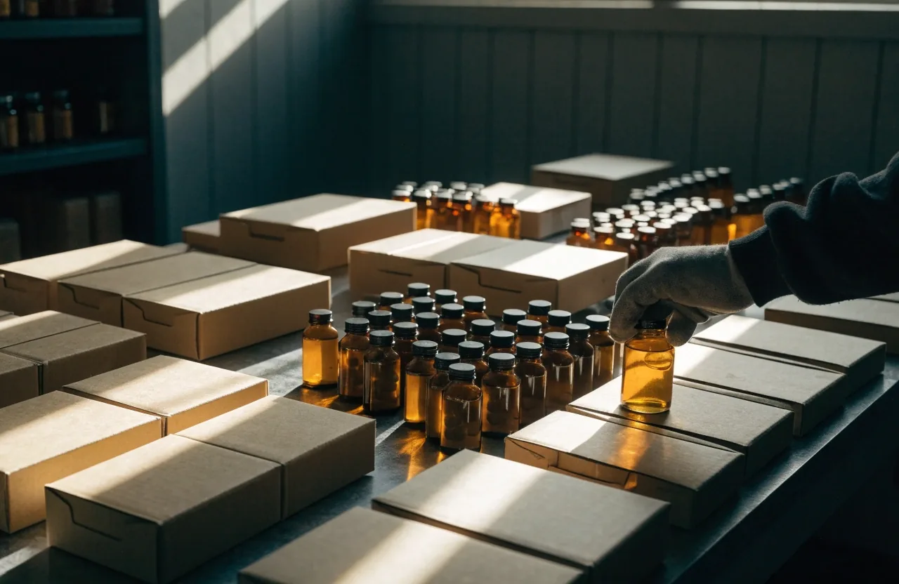 Supplement packs and amber bottles side by side on a shelf under angled slat light