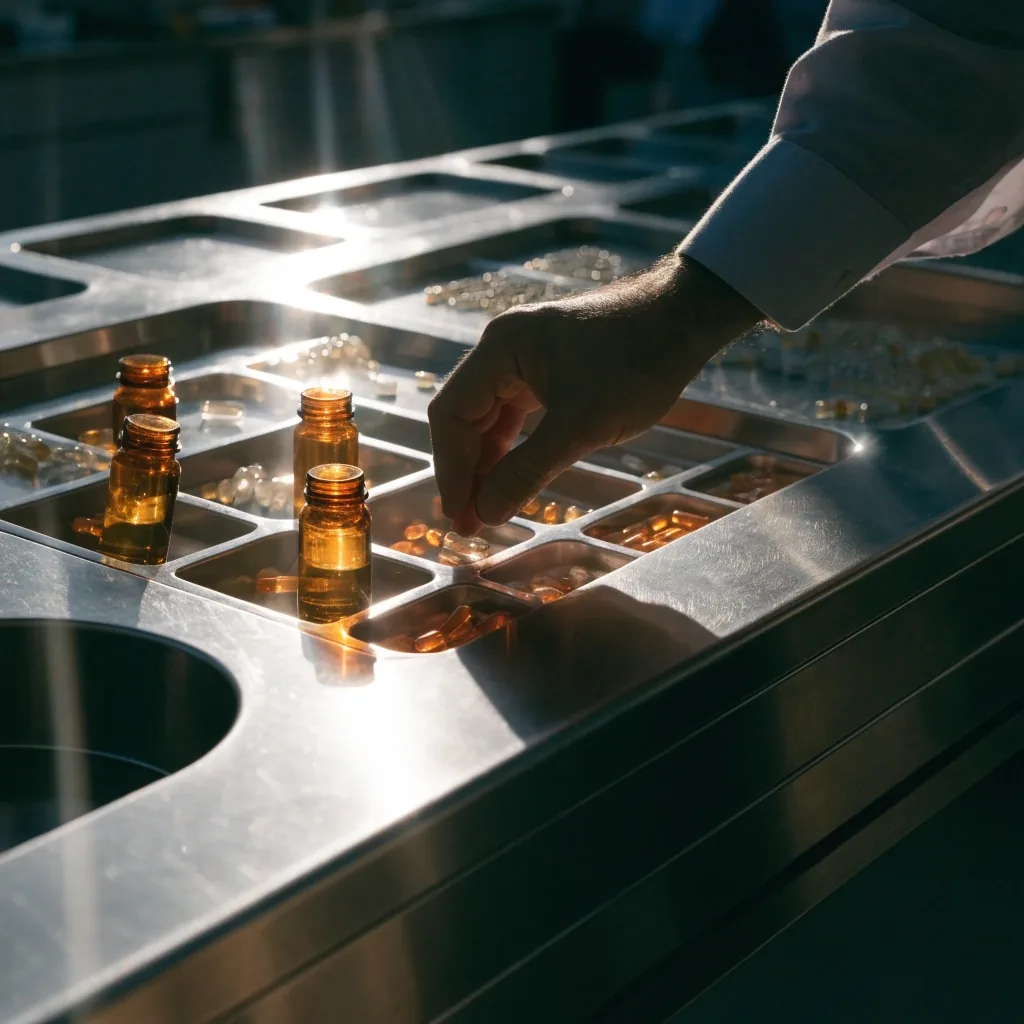 A compartmented dispensing tray of amber glass bottles and capsules on a stainless counter under hard morning band-light