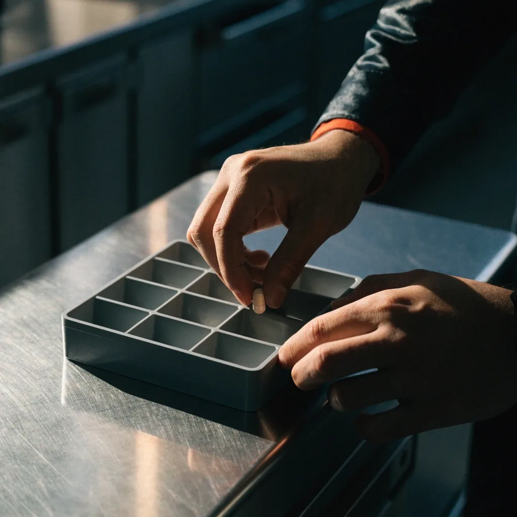 Hands placing a single capsule into one empty compartment of a matte dispensing tray under hard morning light