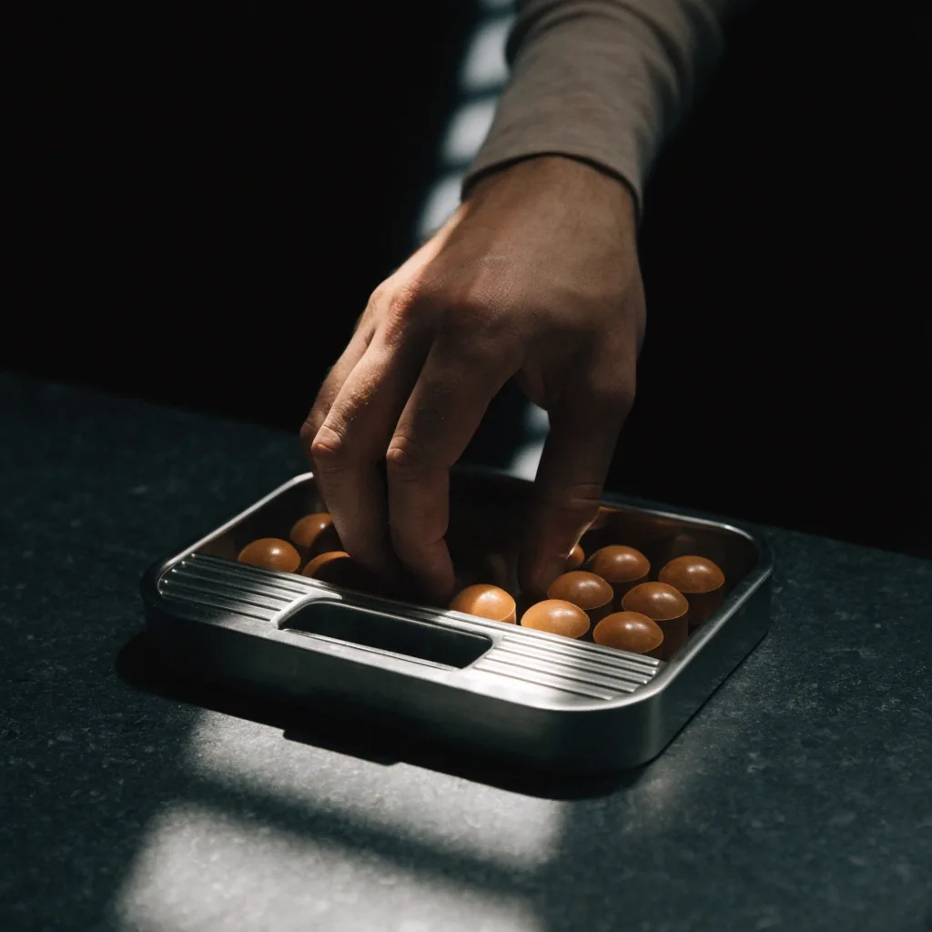 A hand sorting capsules into compartments of a dispensing tray