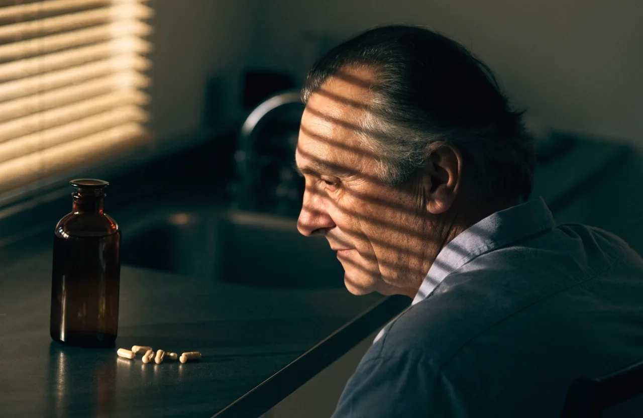 A man in profile at a counter under slatted morning light with an unmarked bottle