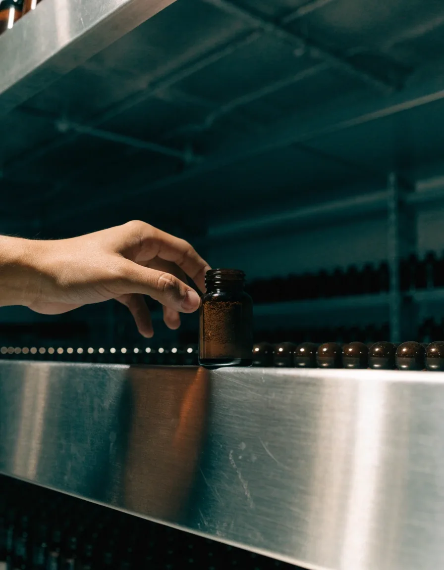 An unmarked dark bottle of imported-format capsules on a lit steel shelf
