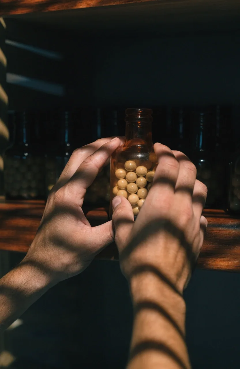 Hands lifting an unmarked botanical supplement bottle from a dark shop shelf