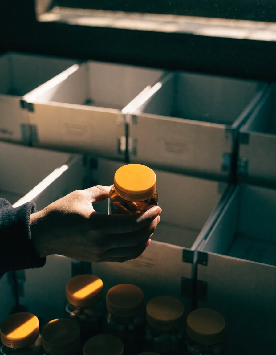 A man's hands turning an unlabelled amber bottle under hard slat light in a dim storage room
