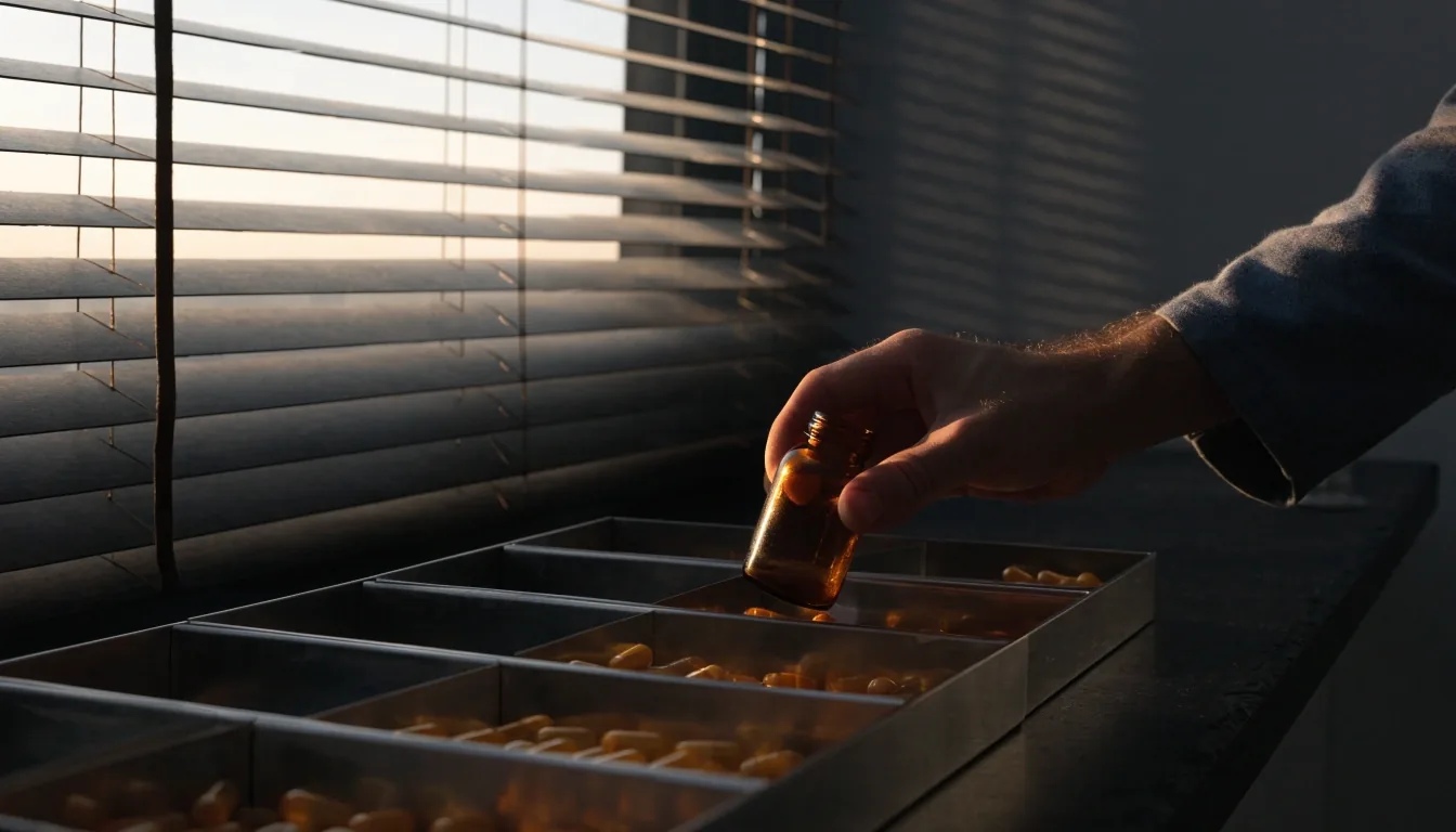 A compartmented tray of unlabelled supplement bottles and capsules set on a dark counter under hard slat light