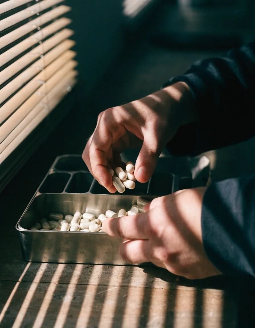 Hands arranging unlabelled capsules into a compartmented tray in low morning light